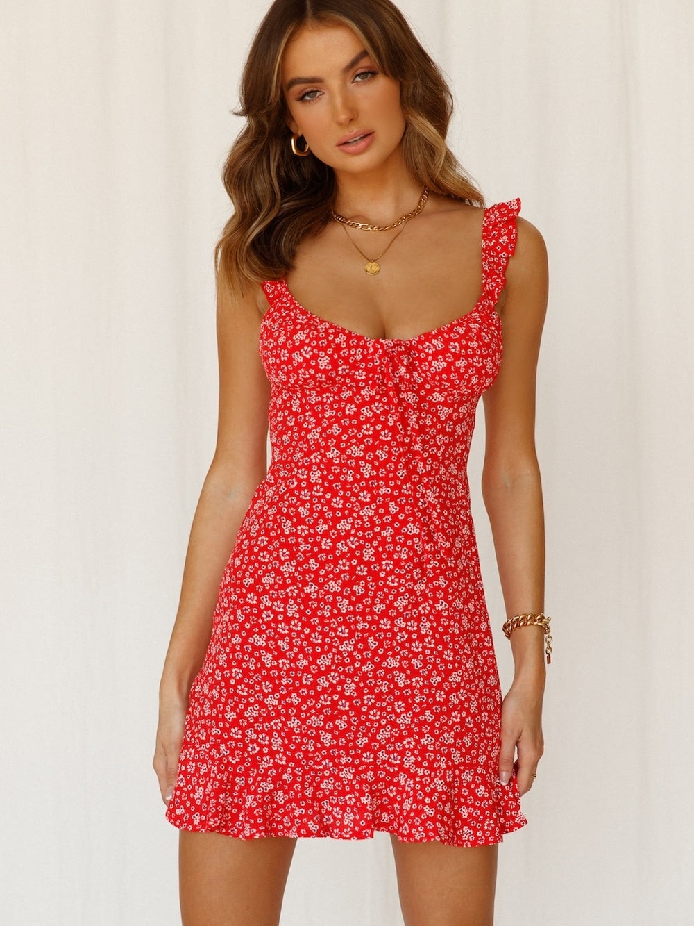 Hello Molly Misty Fountains Floral Mini Dress Red Ruffle Hem - Picture 2 of 7